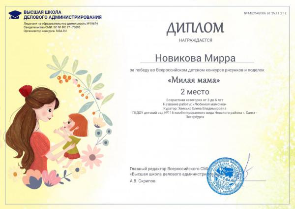 диплом 2 место Милая мама
